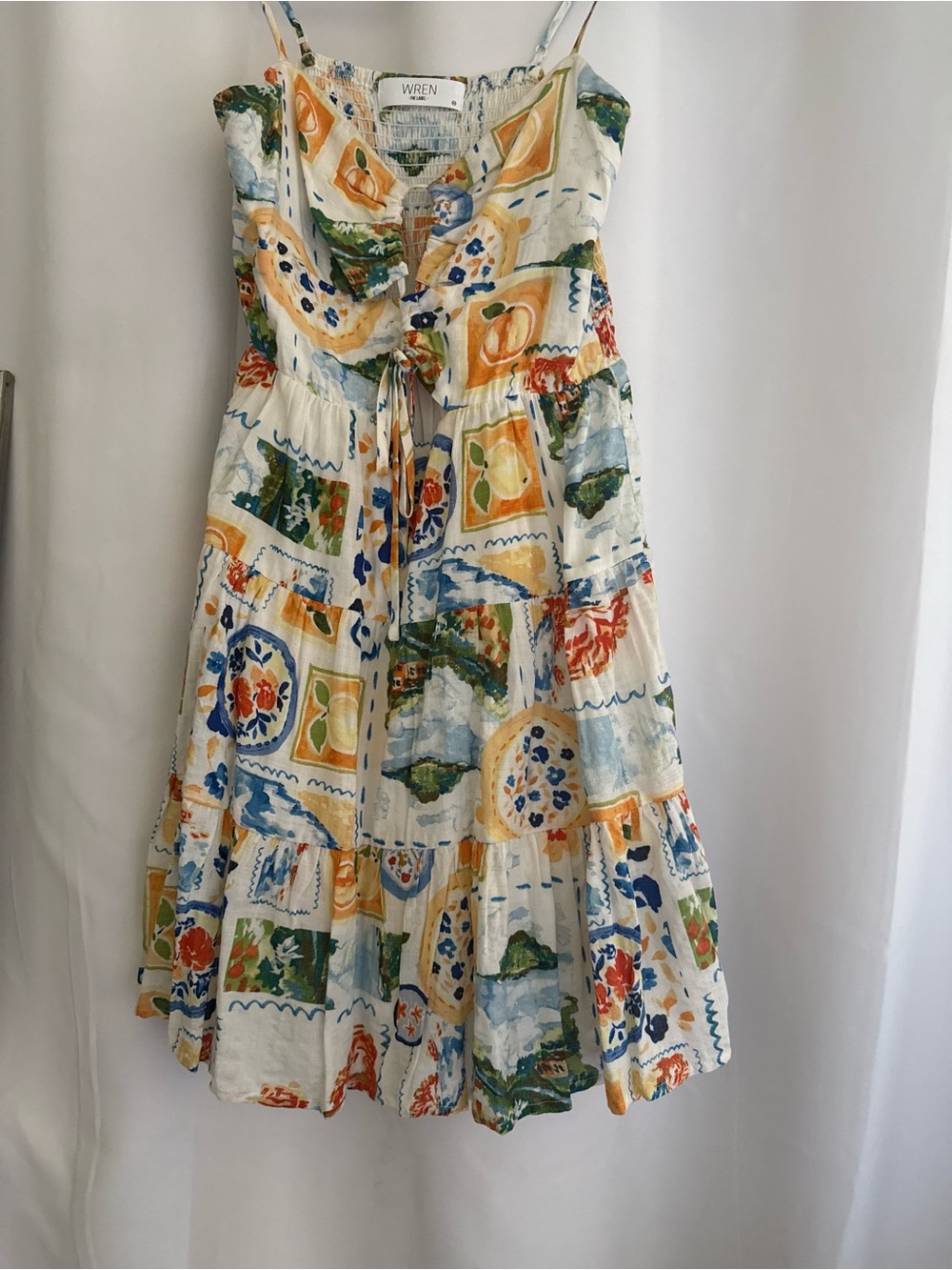 Wren White Tiered Sundress with Yellow, Blue, Green and Orange Tile Print
